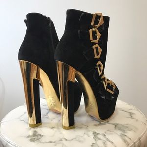 ‼️ Beau+Ashe Black Suede Gold Buckle High Heels